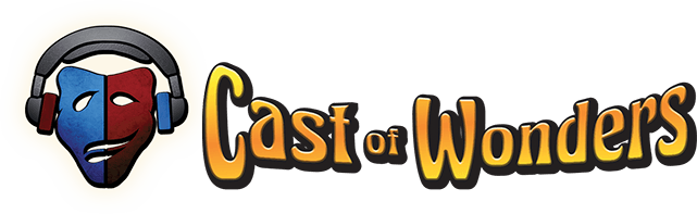 Cast of Wonders logo (tragic mask wearing headphones)