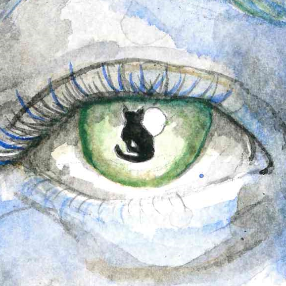 Close-up of an eye with a green iris and black-cat pupil.