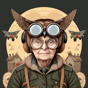 Grandma with owl helmet and flight goggles.