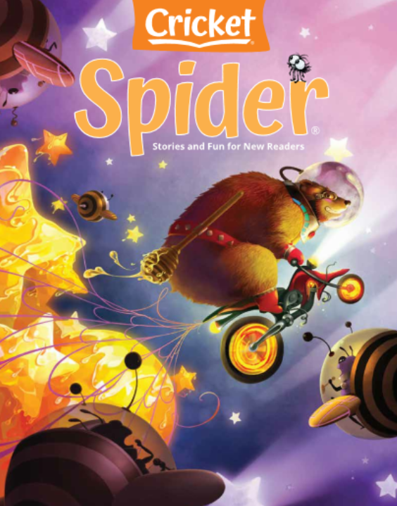 Cricket - Spider: Stories and Fun for New Readers
A bear in a space helmet riding a bicycle with SF parachute
