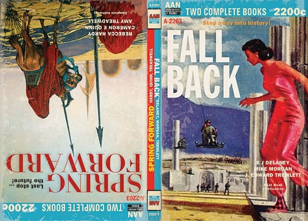 Spring Forward / Fall Back (reversed covers in the style of Ace Doubles)
A woman in jumpsuit standing by ancient columns as air speeders come in; cowled, pike-bearing riders on horseback