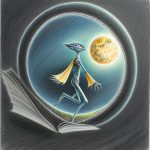 Porthole view of alien treading manuscript pages