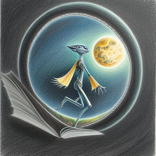 Porthole view of alien treading manuscript pages